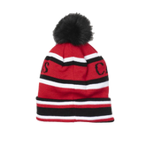 Capital Gains Streetwear Fuzzy Pom Red & Black Striped Beanie Knit Winter Hat